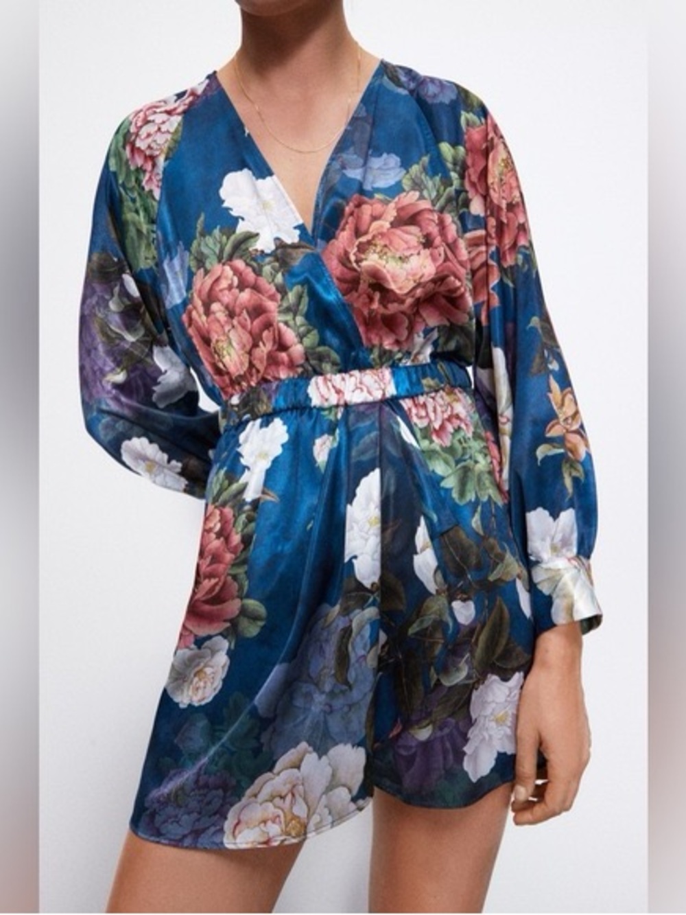Zara Teal Floral Satin Romper - Picture 2 of 13